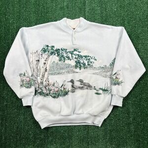 VTG Art Unlimited Sportswear Duck Nature Pond AOP Sweatshirt Womens M Blue 90s